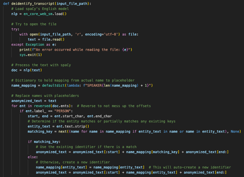 Python script to deidentify transcripts
